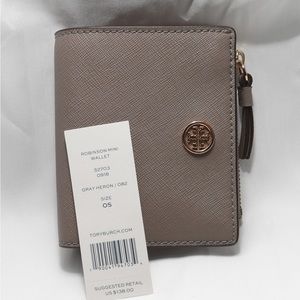 NWT Tory Burch Robinson Leather Mini Wallet - Gray Heron